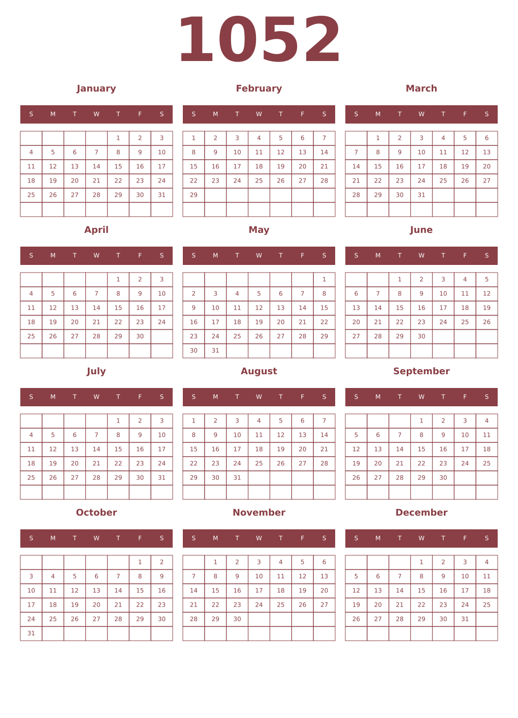 Printable 1052 Year Calendars cordovan