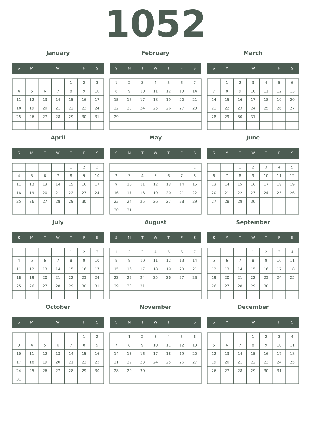 Printable 1052 Year Calendars feldgrau