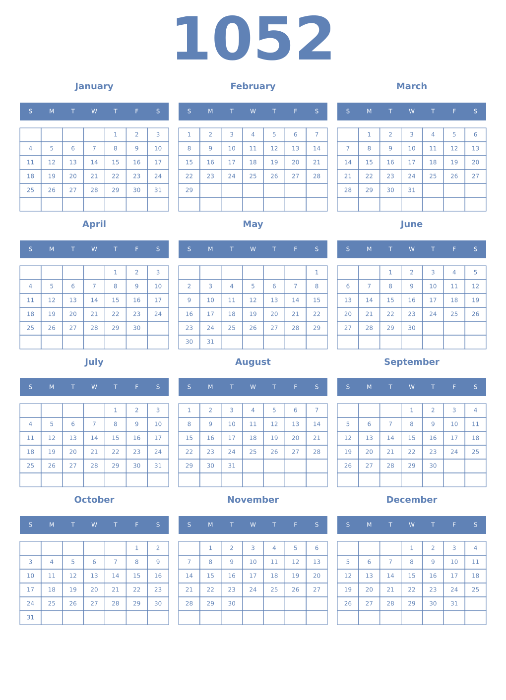 Printable 1052 Year Calendars glaucous