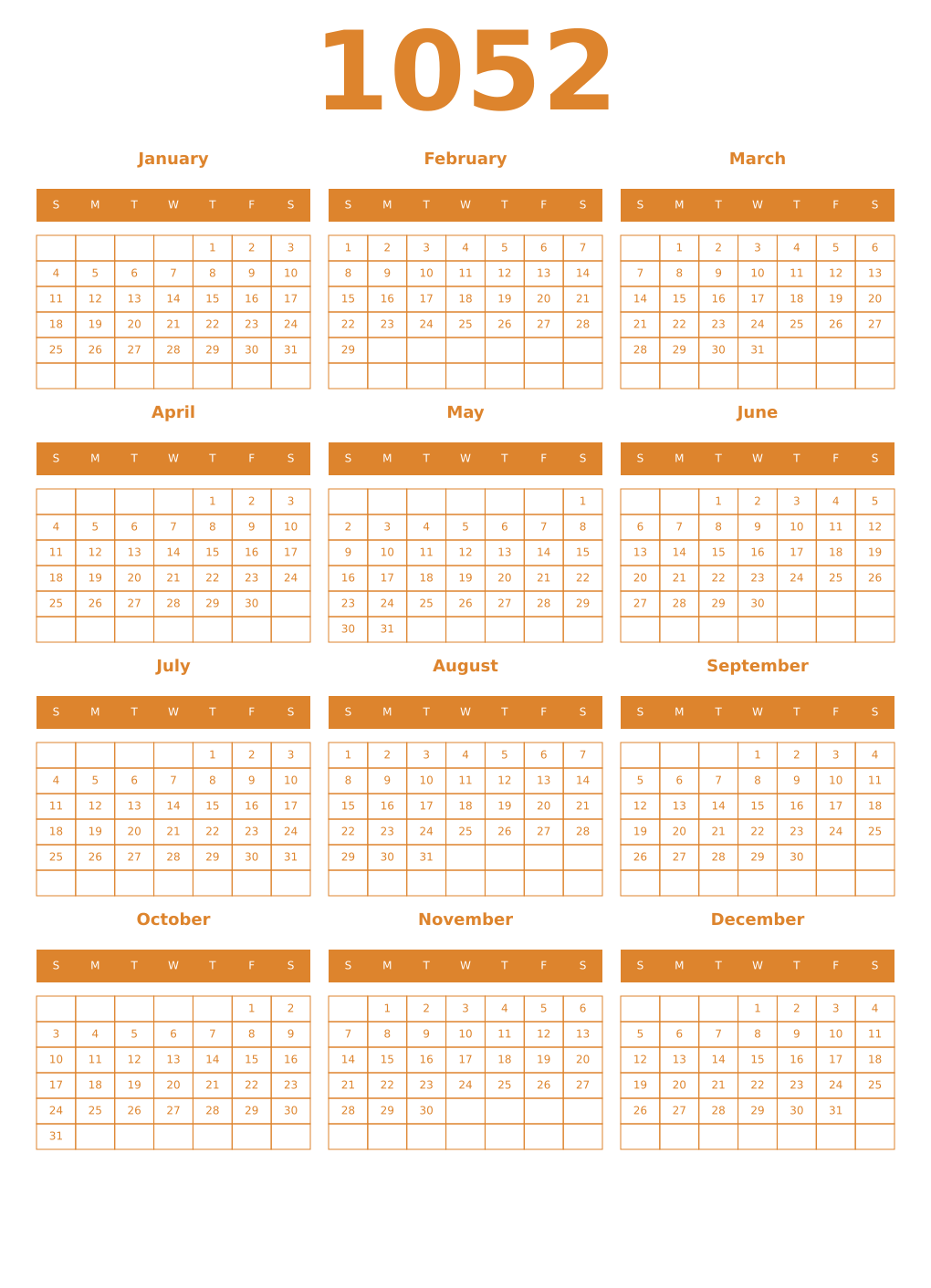 Printable 1052 Year Calendars orange