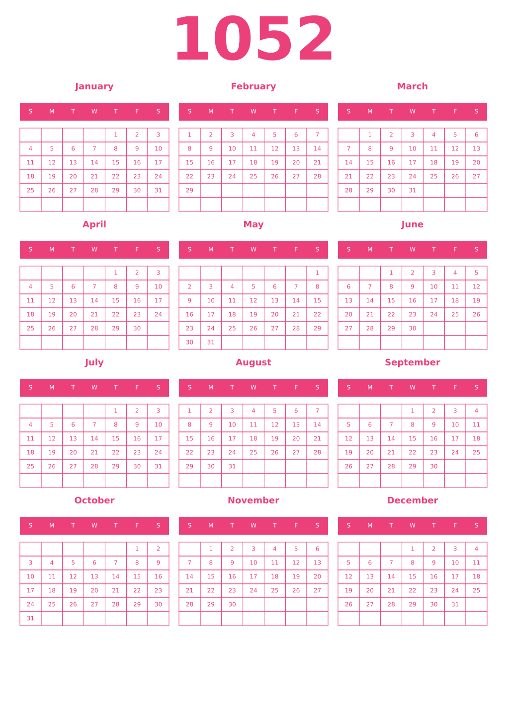 Printable 1052 Year Calendars pink