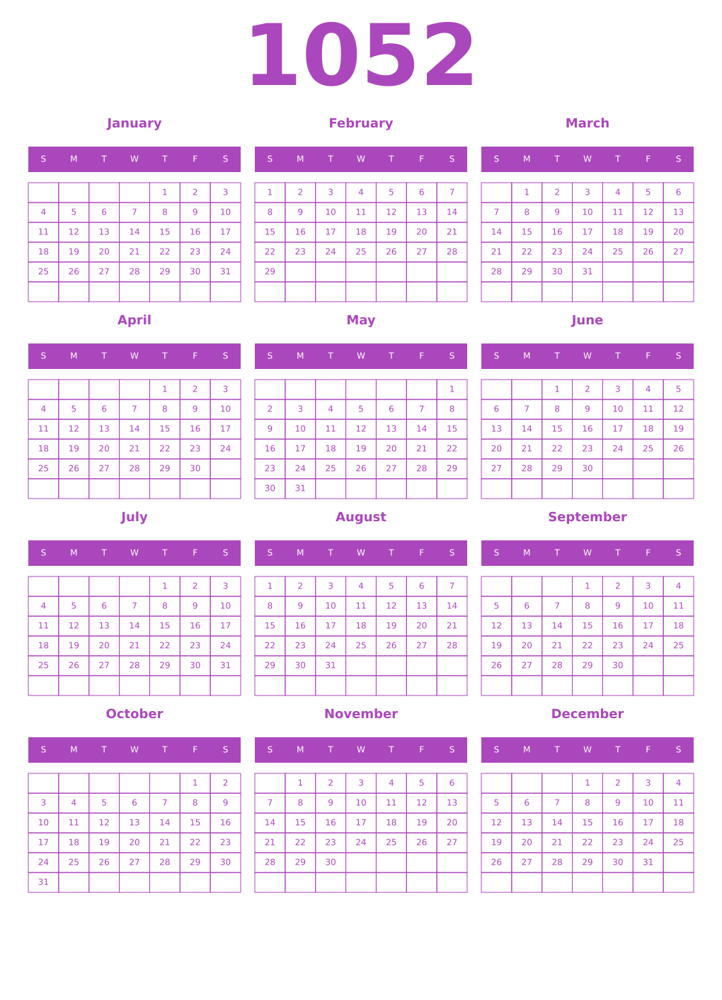 Printable 1052 Year Calendars purple