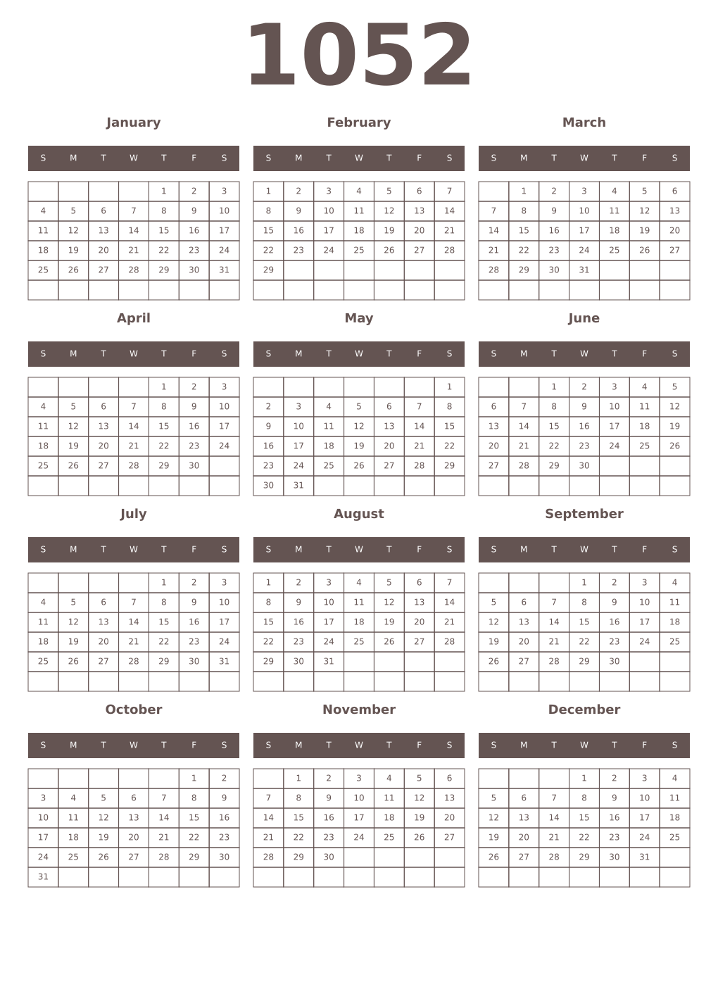 Printable 1052 Year Calendars wenge