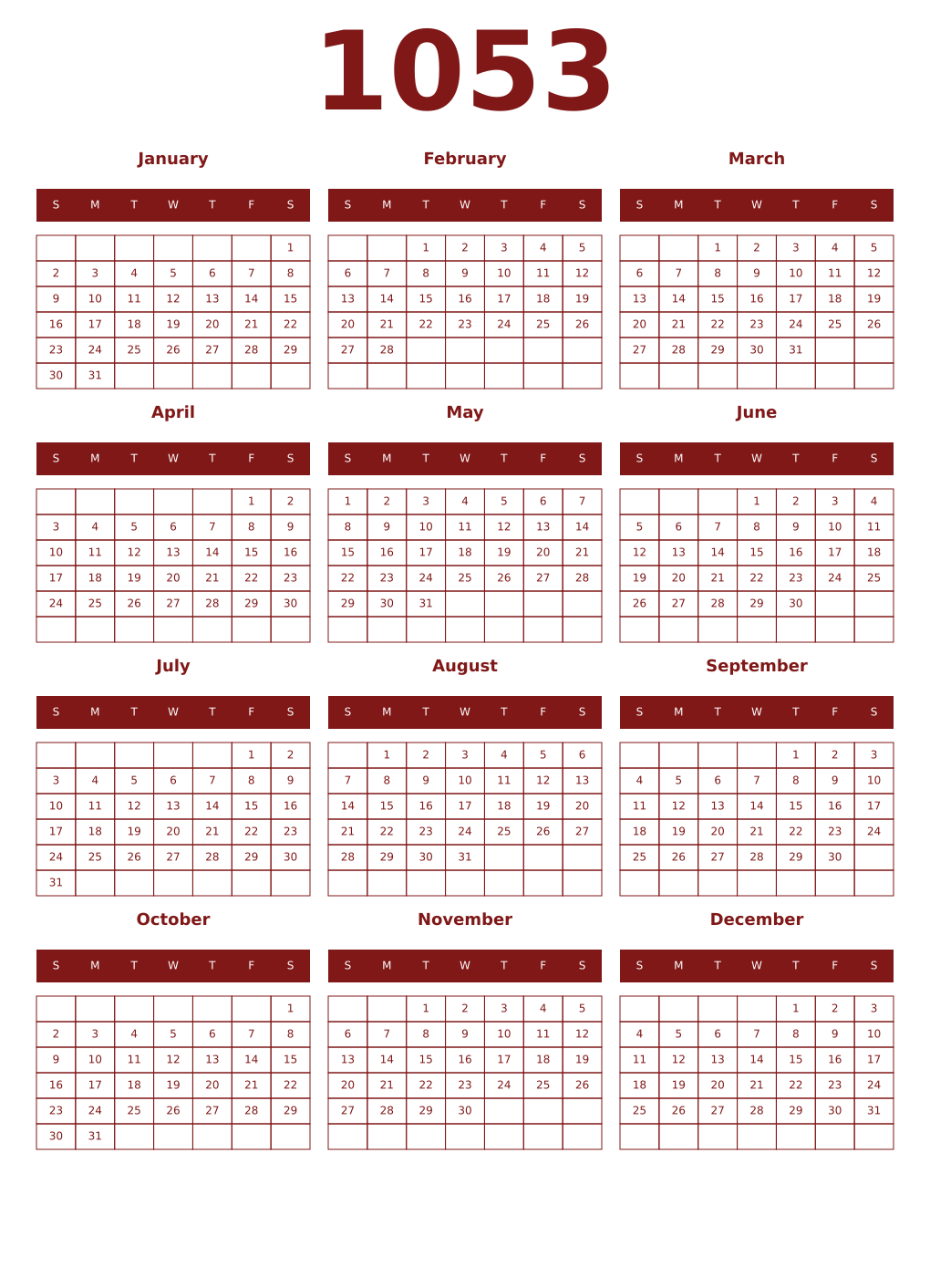 Printable 1053 Year Calendars falu