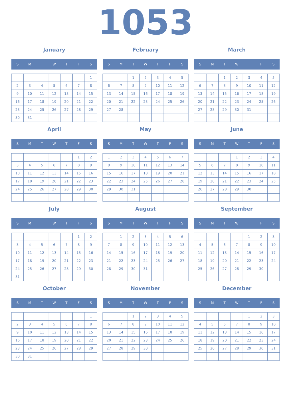 Printable 1053 Year Calendars glaucous