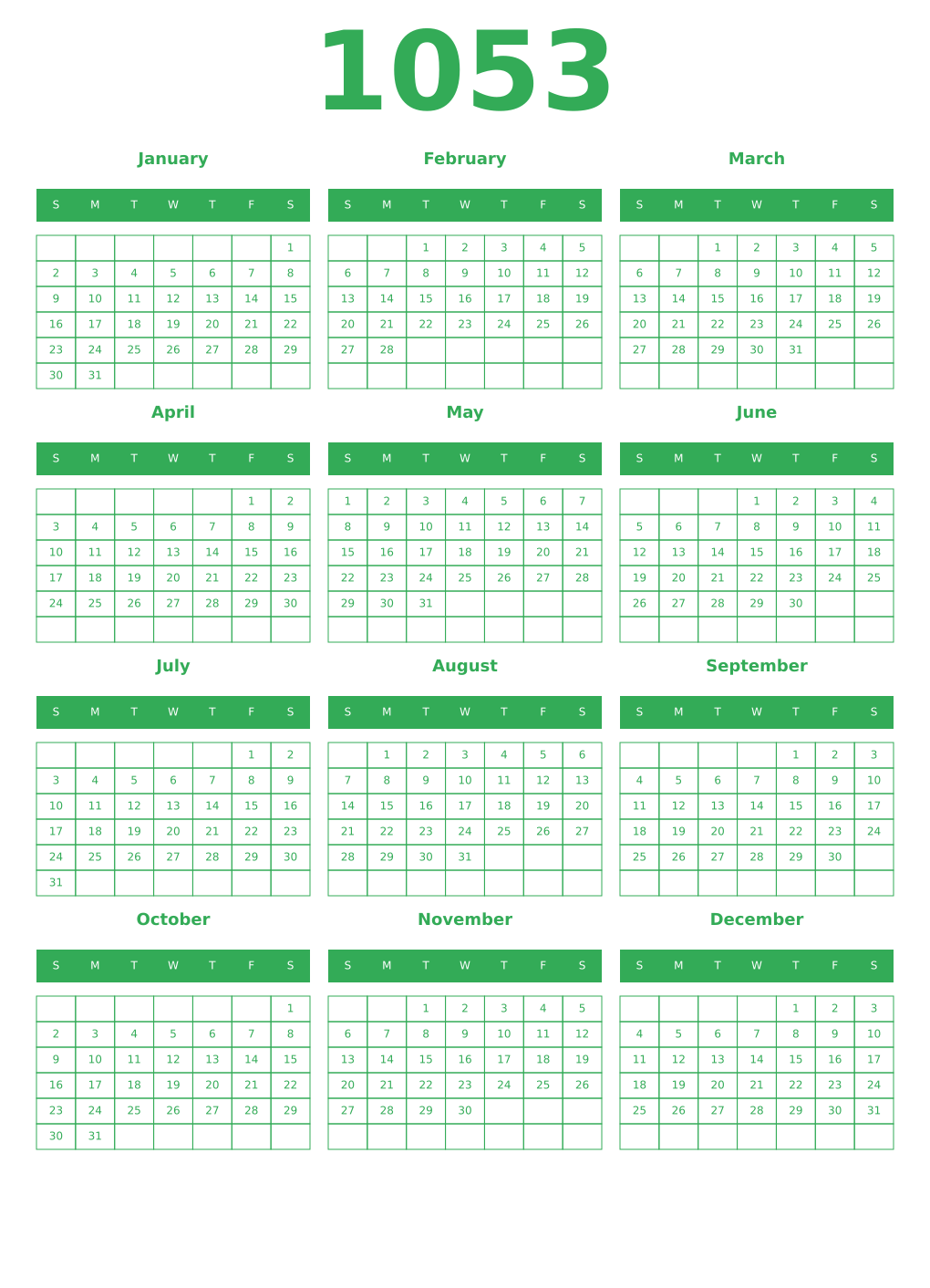 Printable 1053 Year Calendars green