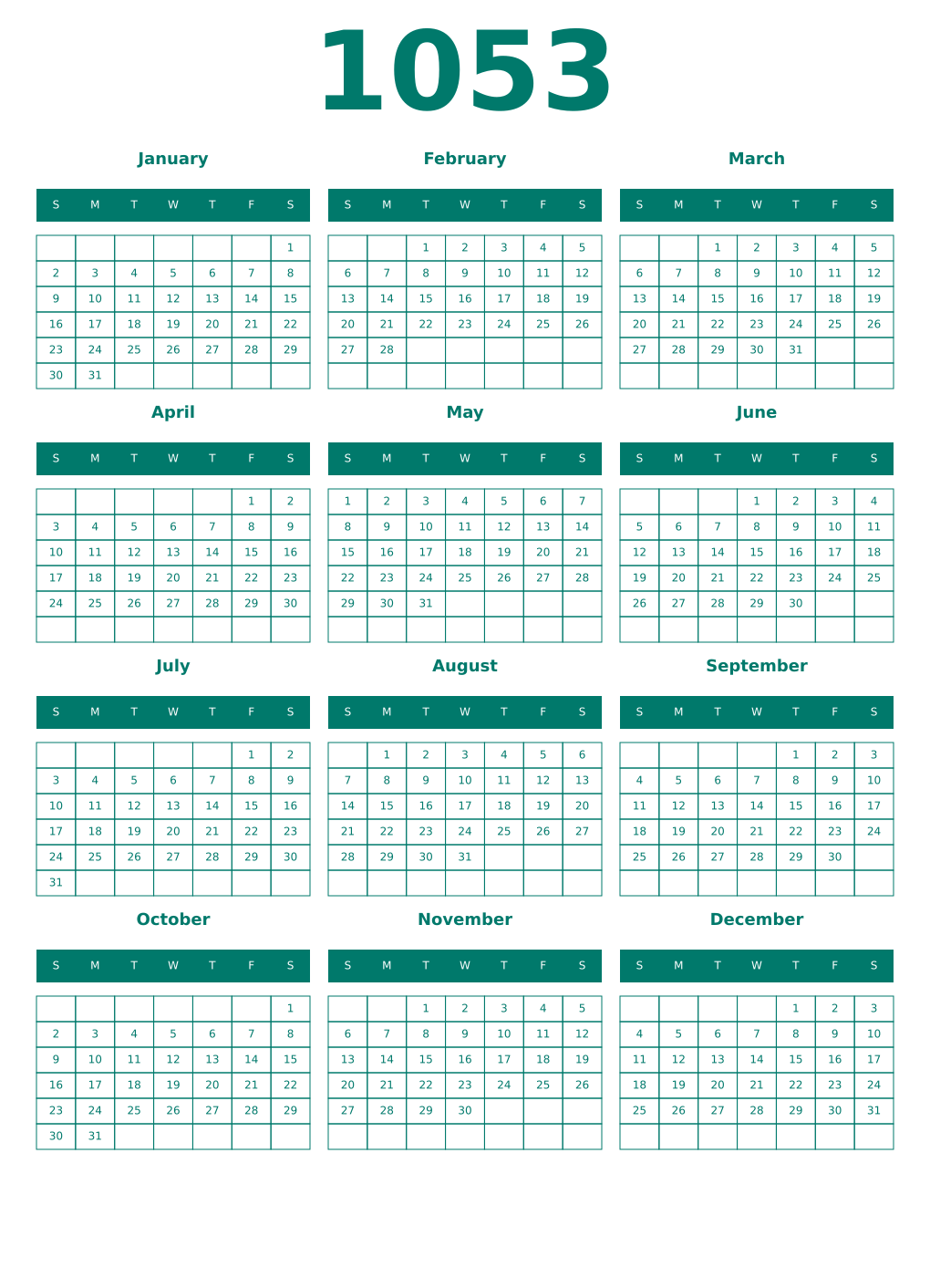 Printable 1053 Year Calendars pastel