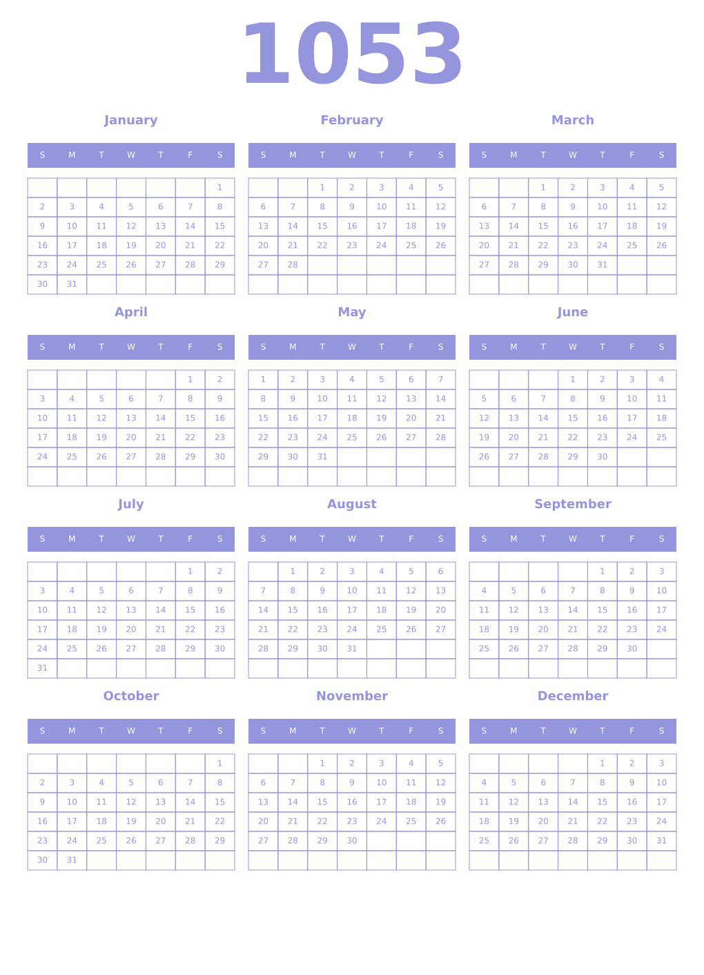 Printable 1053 Year Calendars periwinkle