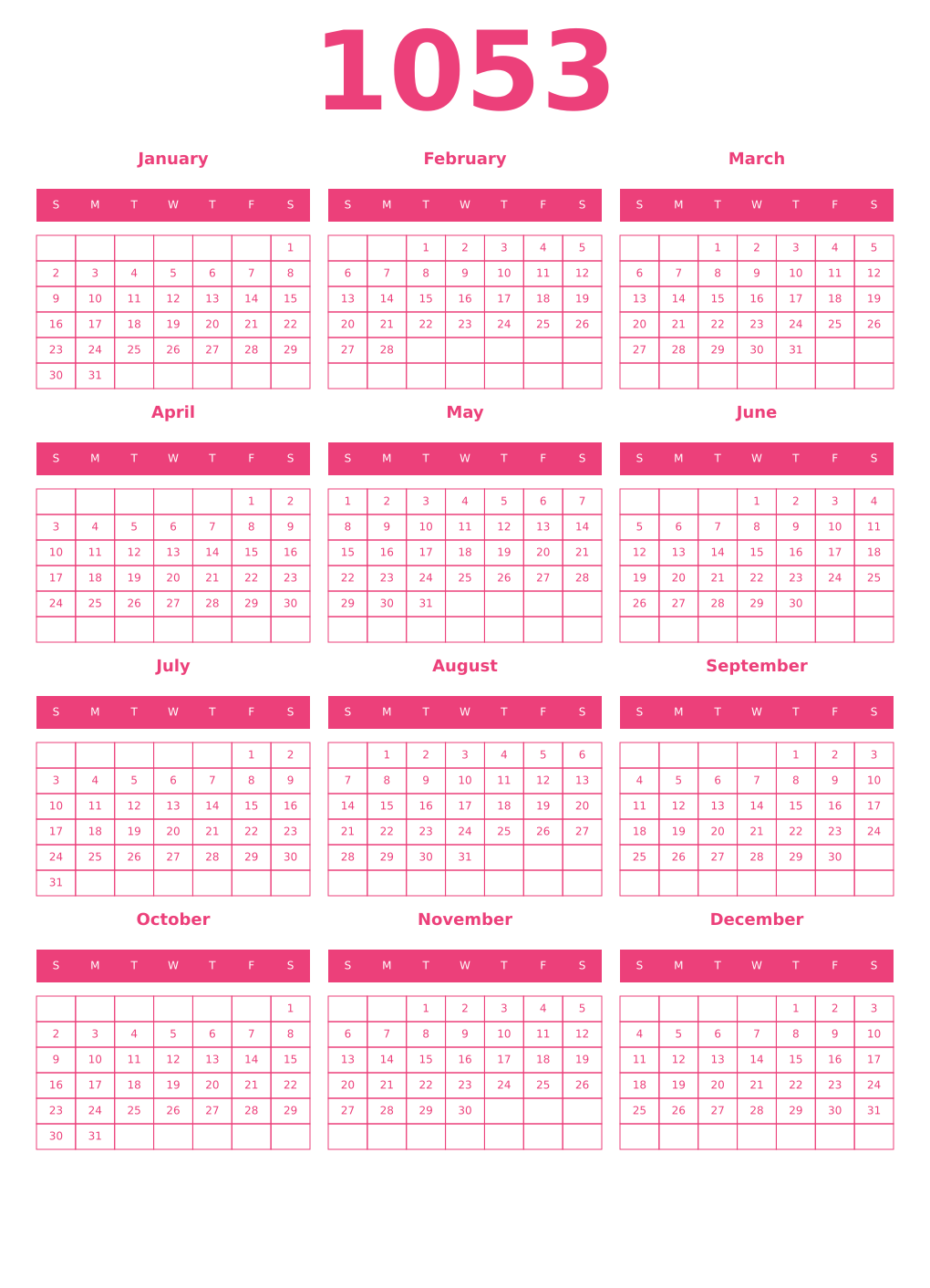 Printable 1053 Year Calendars pink