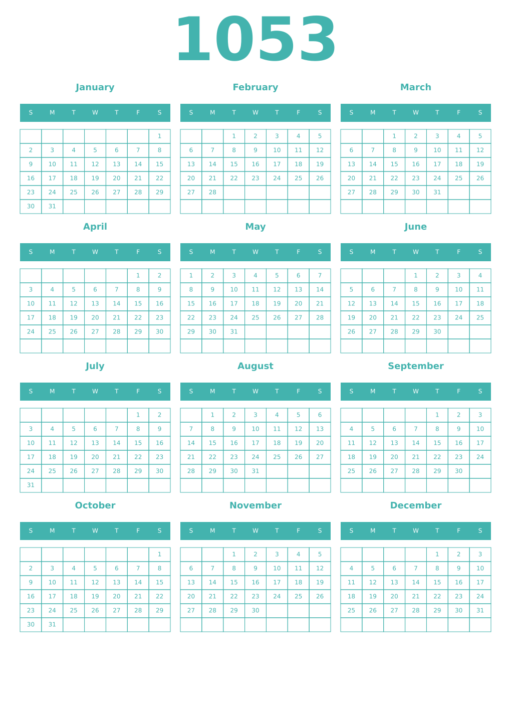 Printable 1053 Year Calendars verdigris