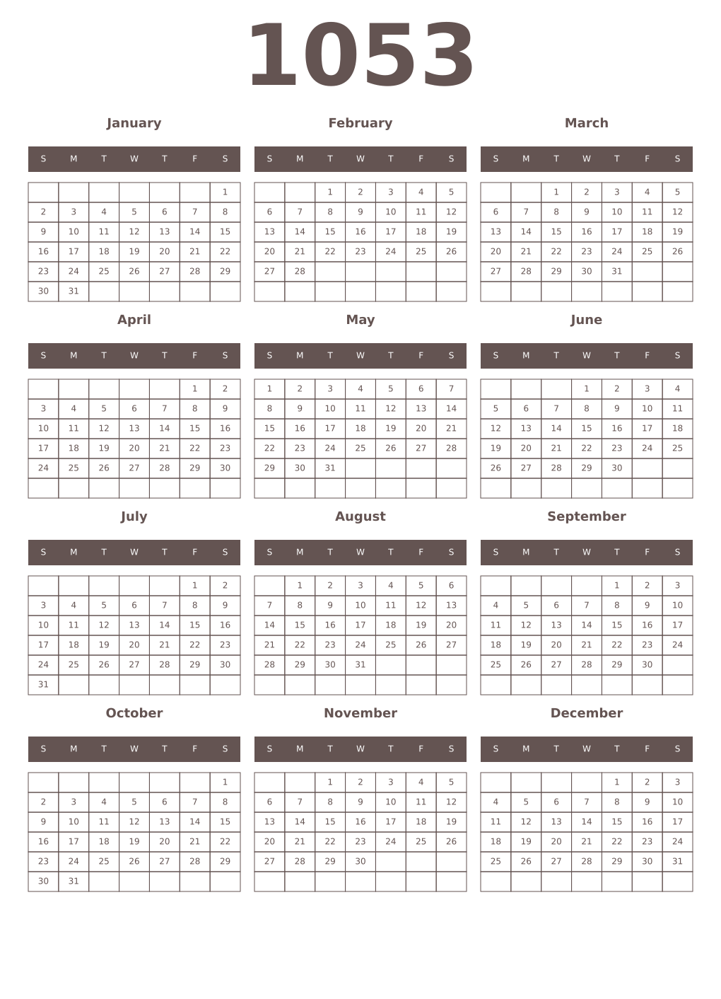 Printable 1053 Year Calendars wenge