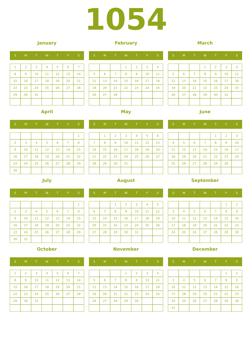 Printable 1054 Year Calendars chartreuse
