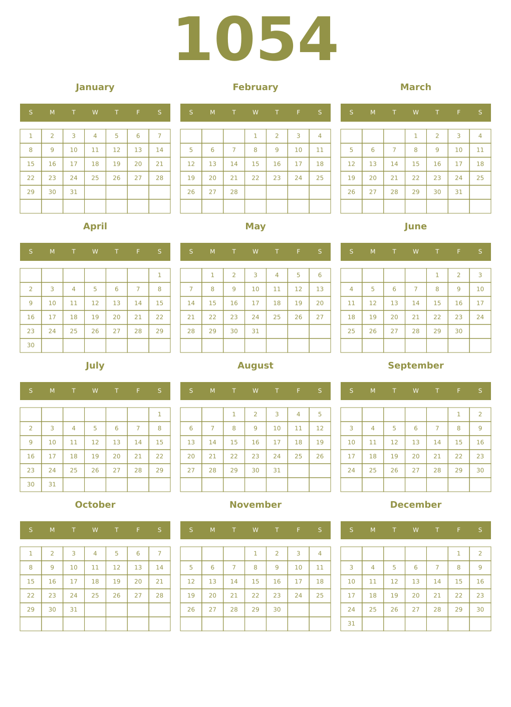 Printable 1054 Year Calendars eburnean