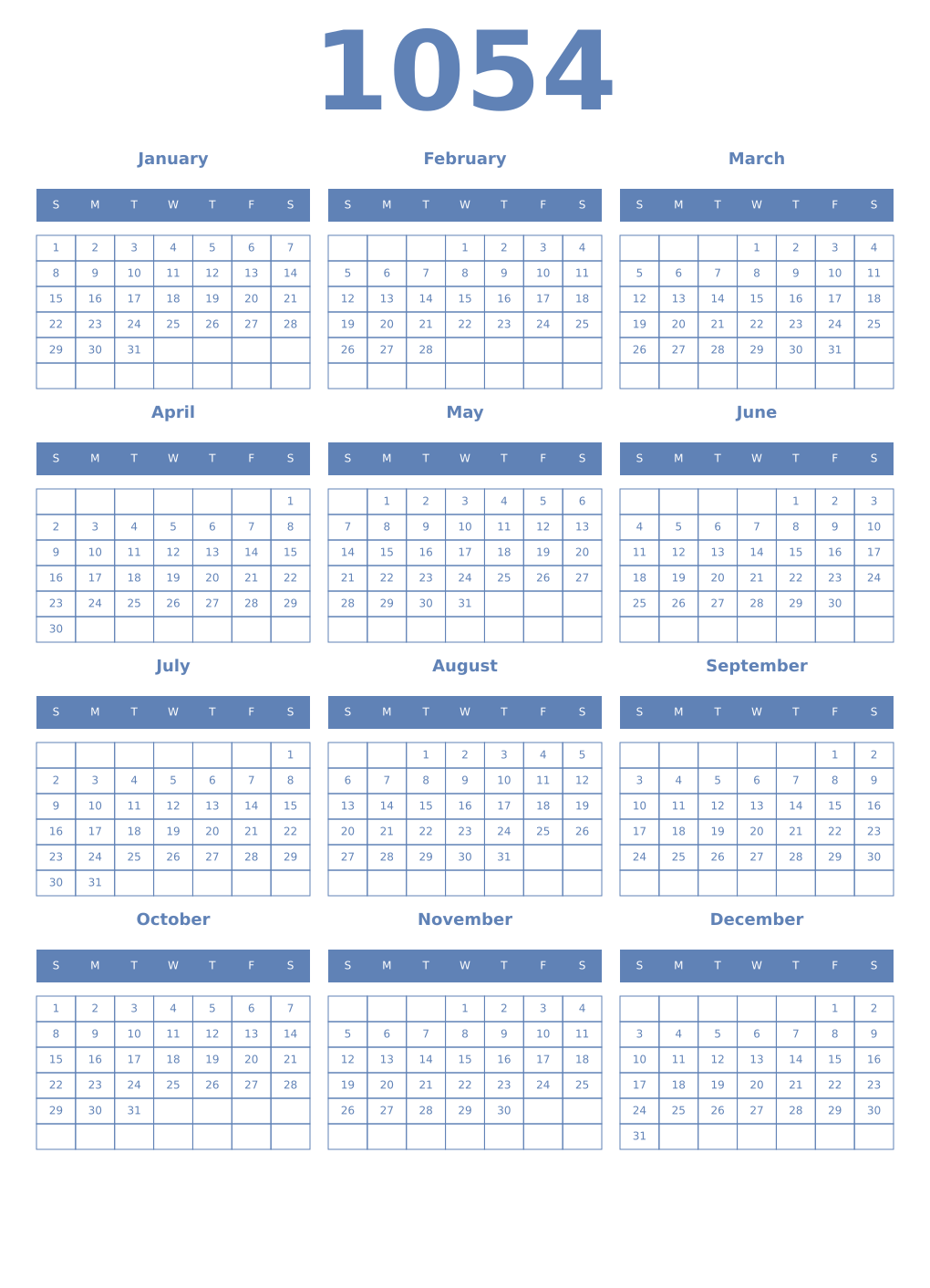 Printable 1054 Year Calendars glaucous