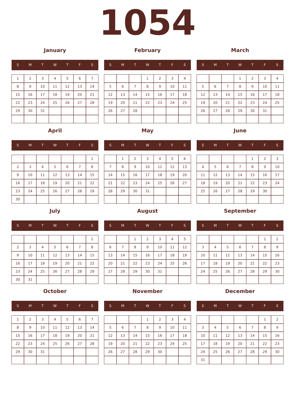 Printable 1054 Year Calendars mortuum