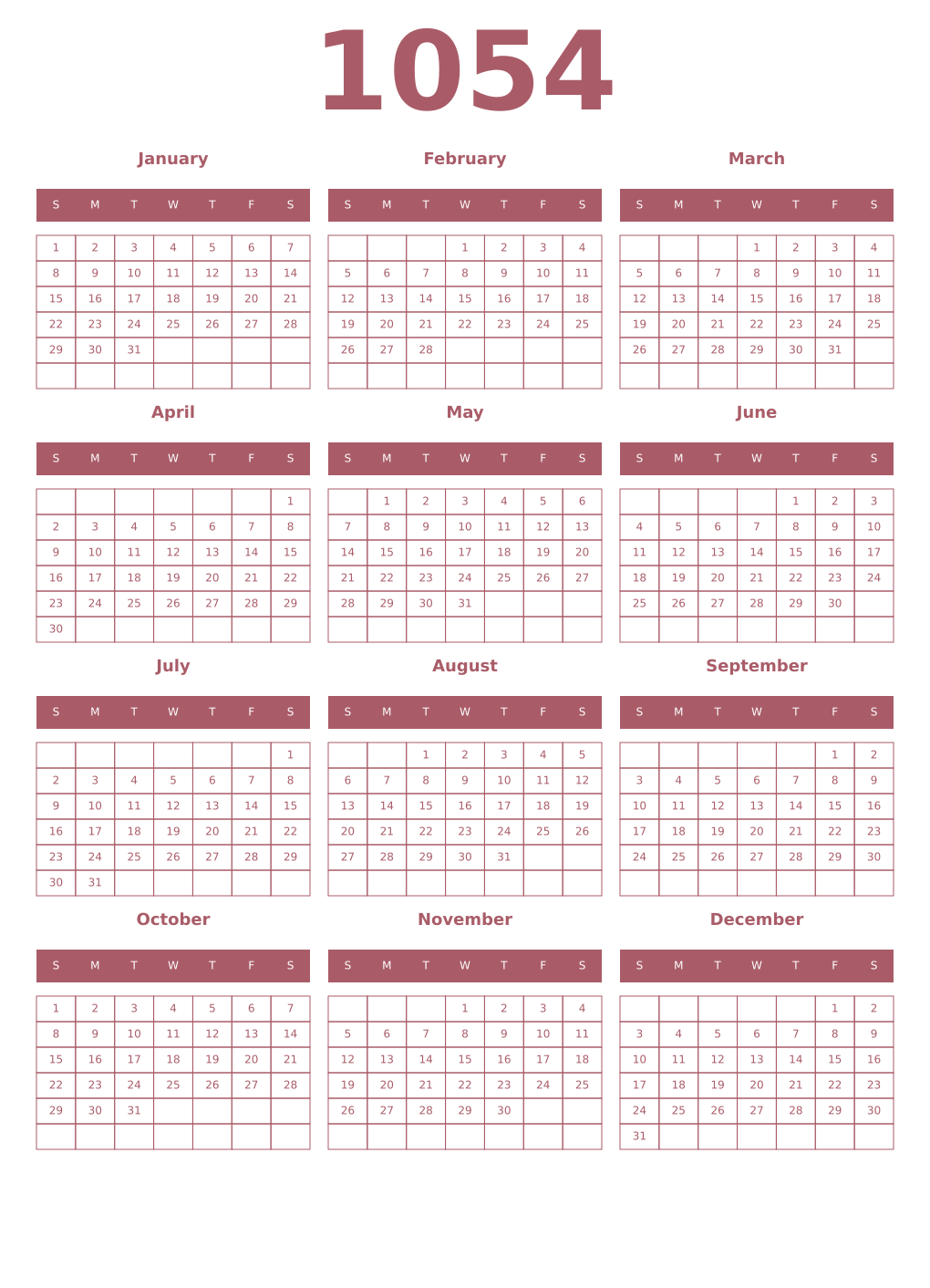 Printable 1054 Year Calendars puce