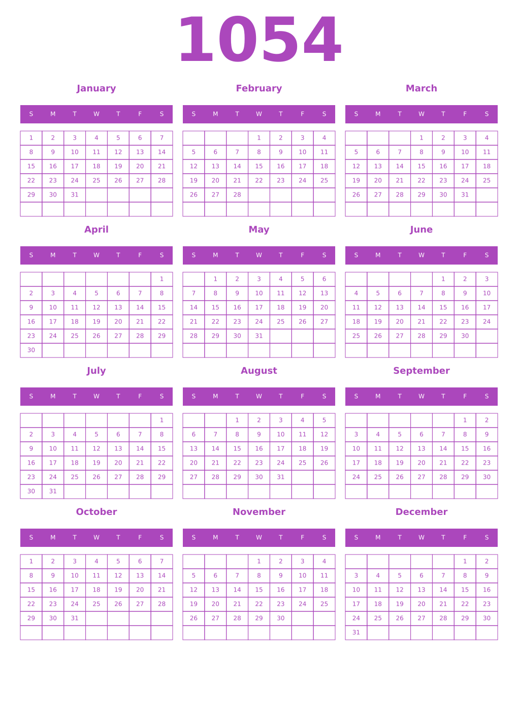 Printable 1054 Year Calendars purple
