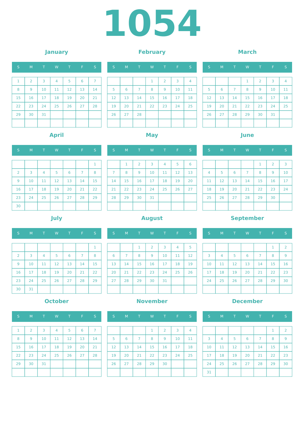 Printable 1054 Year Calendars verdigris