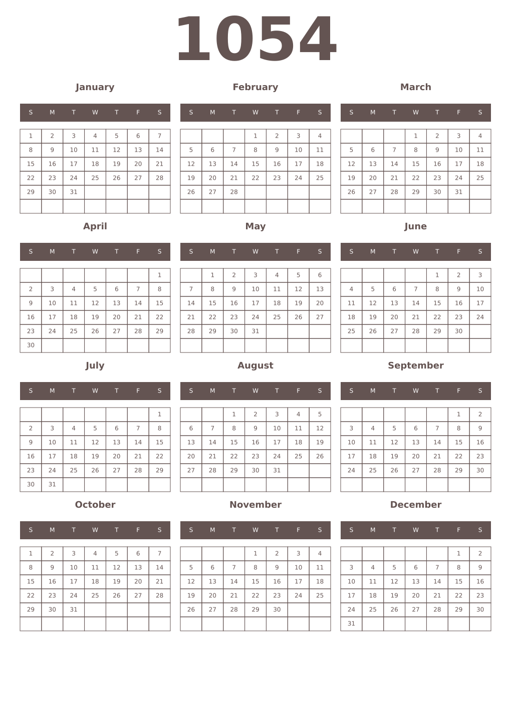 Printable 1054 Year Calendars wenge