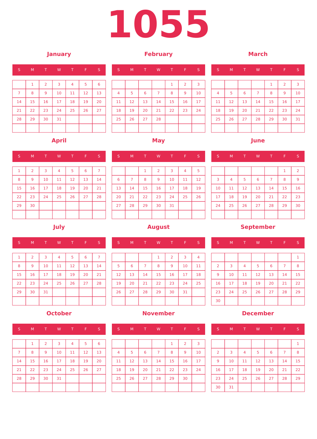 Printable 1055 Year Calendars amaranth