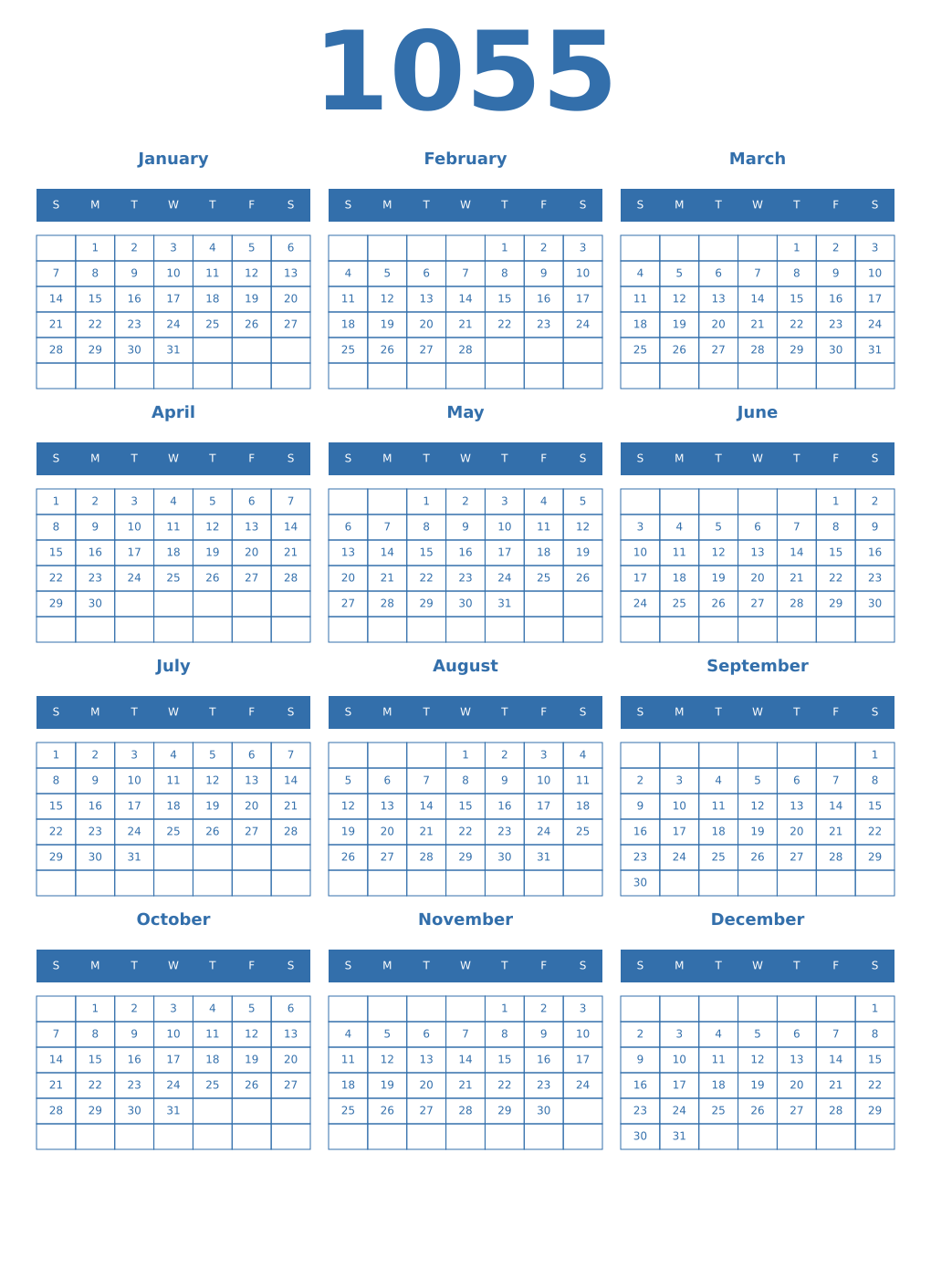 Printable 1055 Year Calendars blue