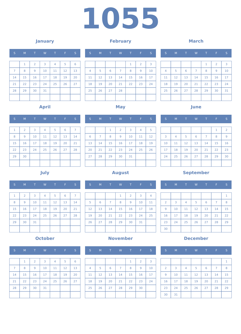 Printable 1055 Year Calendars glaucous