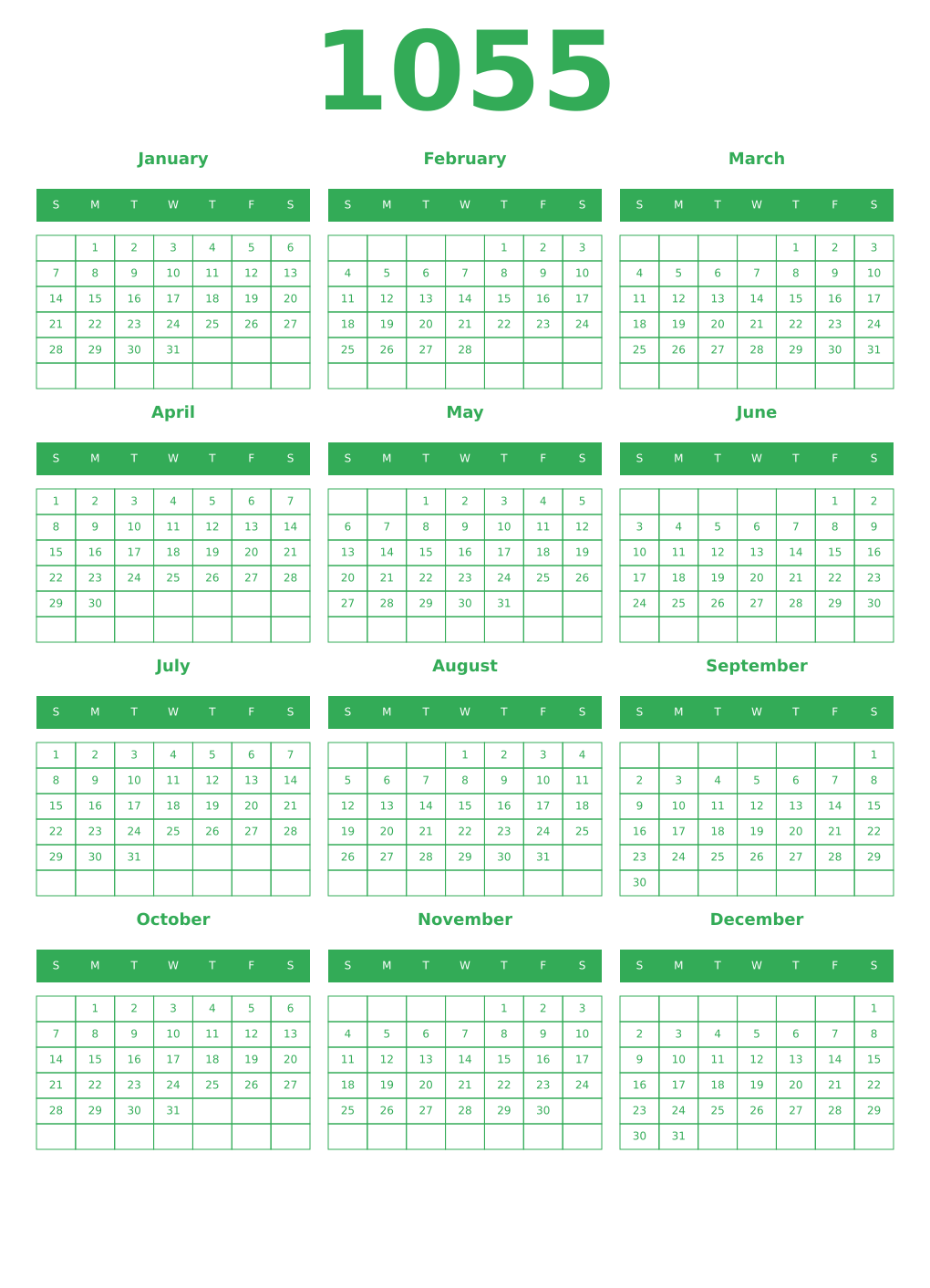 Printable 1055 Year Calendars green