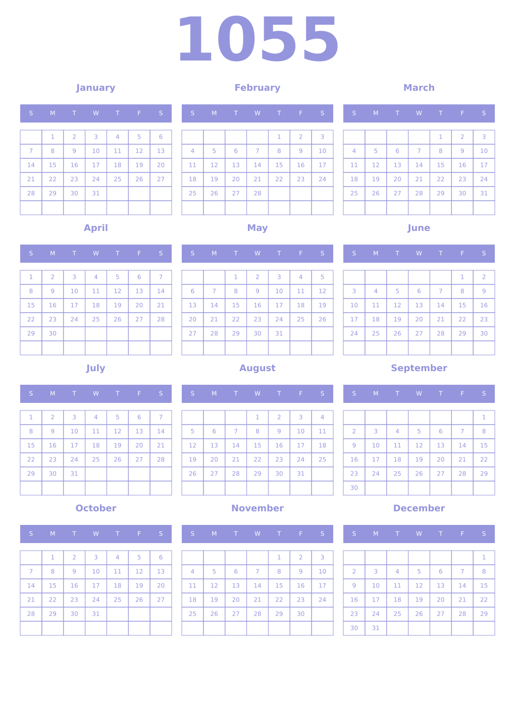 Printable 1055 Year Calendars periwinkle