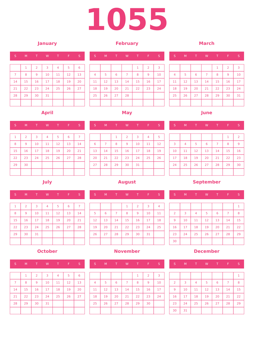 Printable 1055 Year Calendars pink