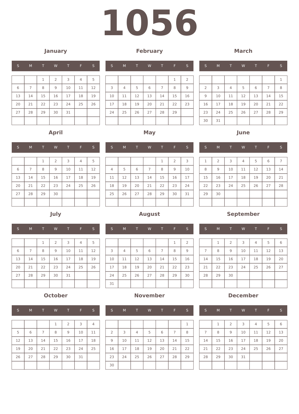 Printable 1056 Year Calendars wenge