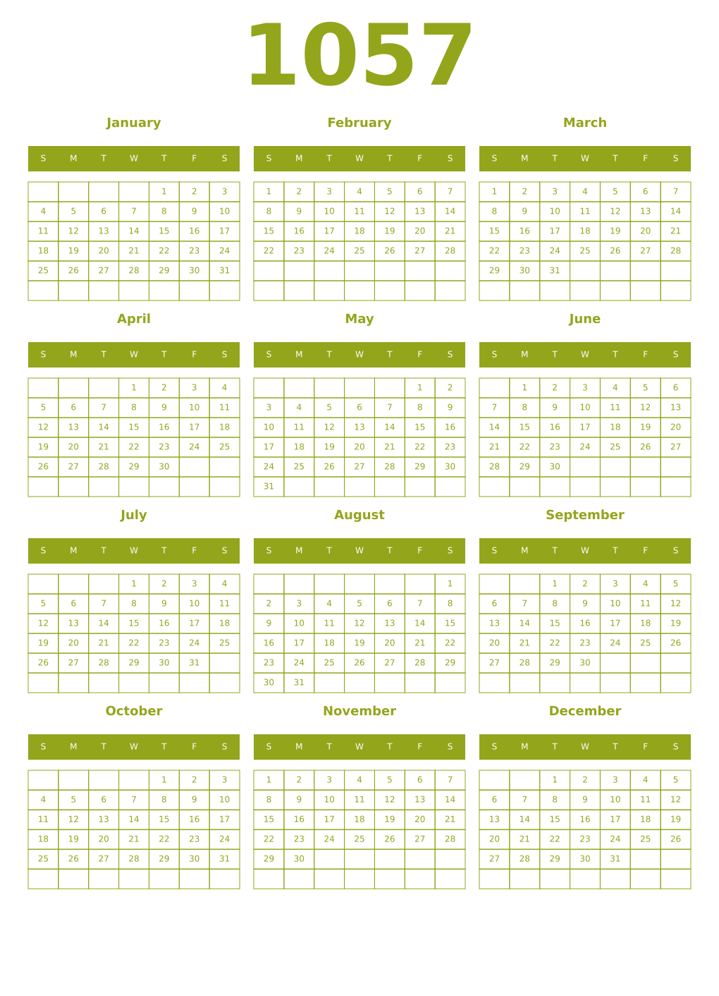 Printable 1057 Year Calendars chartreuse