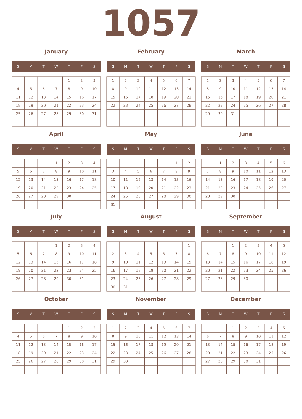 Printable 1057 Year Calendars coffe