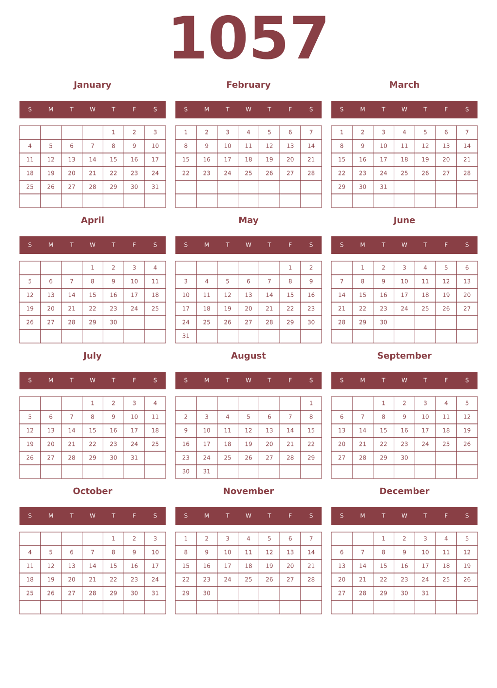 Printable 1057 Year Calendars cordovan