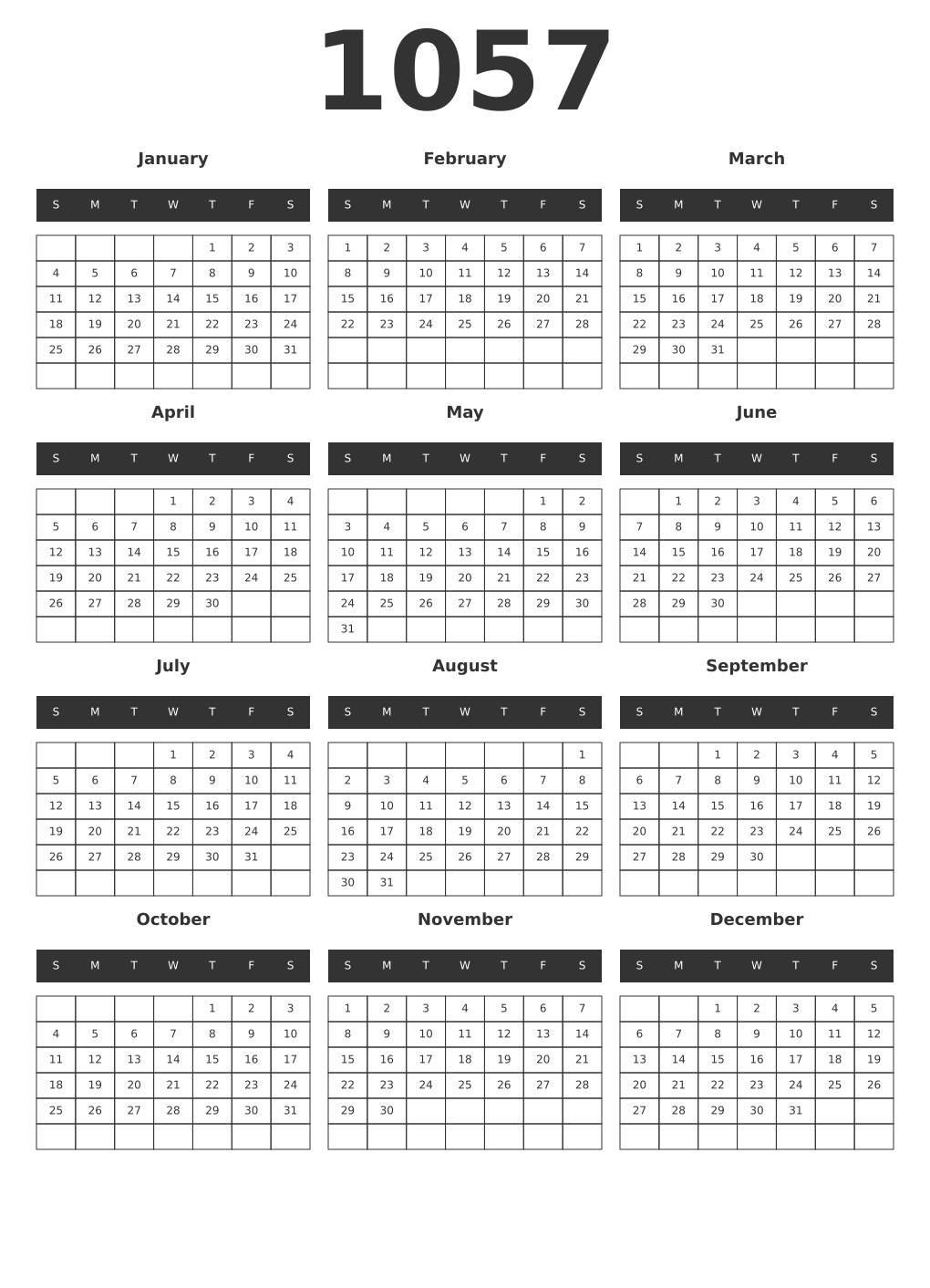 Printable 1057 Year Calendars dark