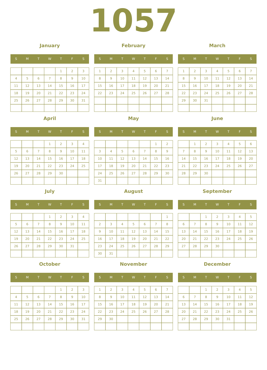 Printable 1057 Year Calendars eburnean