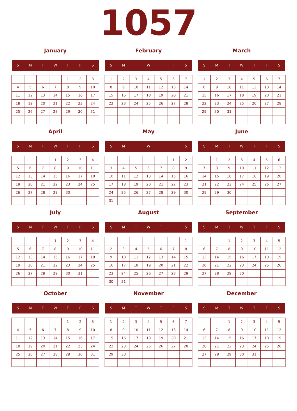 Printable 1057 Year Calendars falu