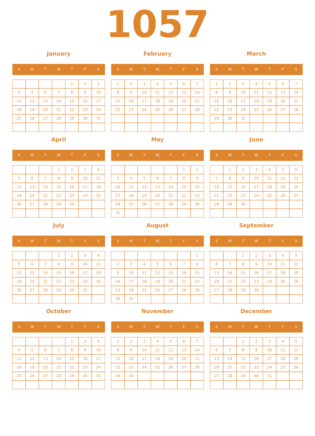 Printable 1057 Year Calendars orange
