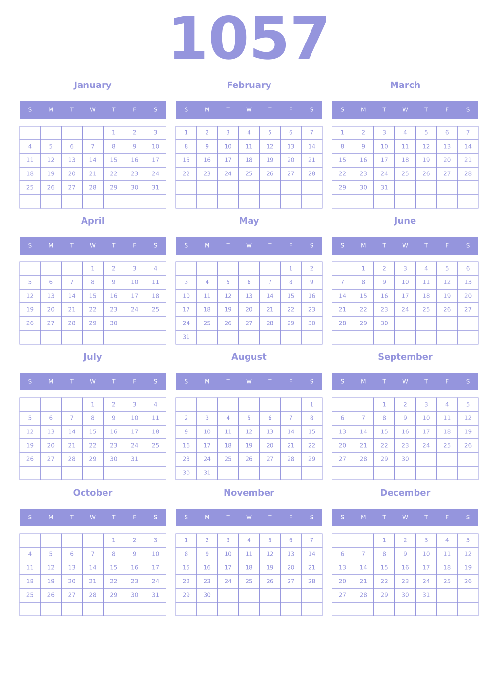 Printable 1057 Year Calendars periwinkle