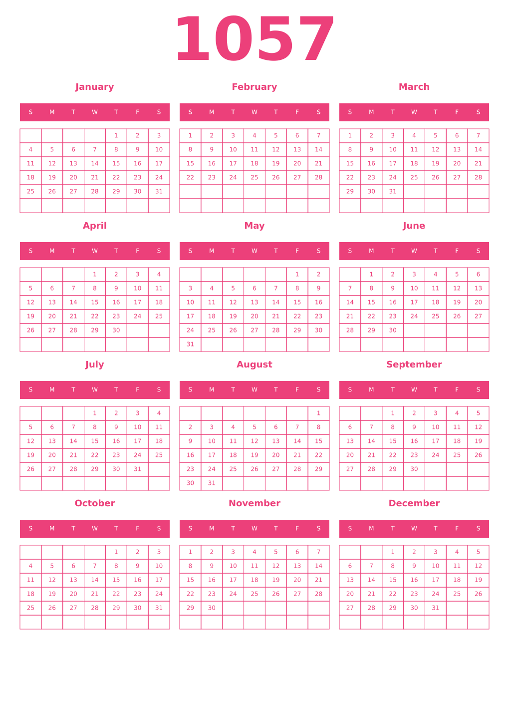 Printable 1057 Year Calendars pink