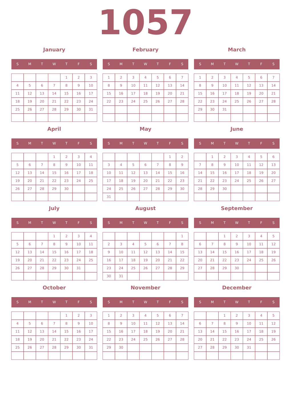 Printable 1057 Year Calendars puce