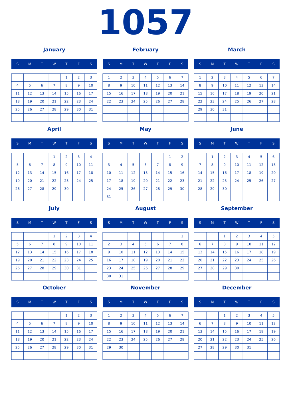 Printable 1057 Year Calendars smalt