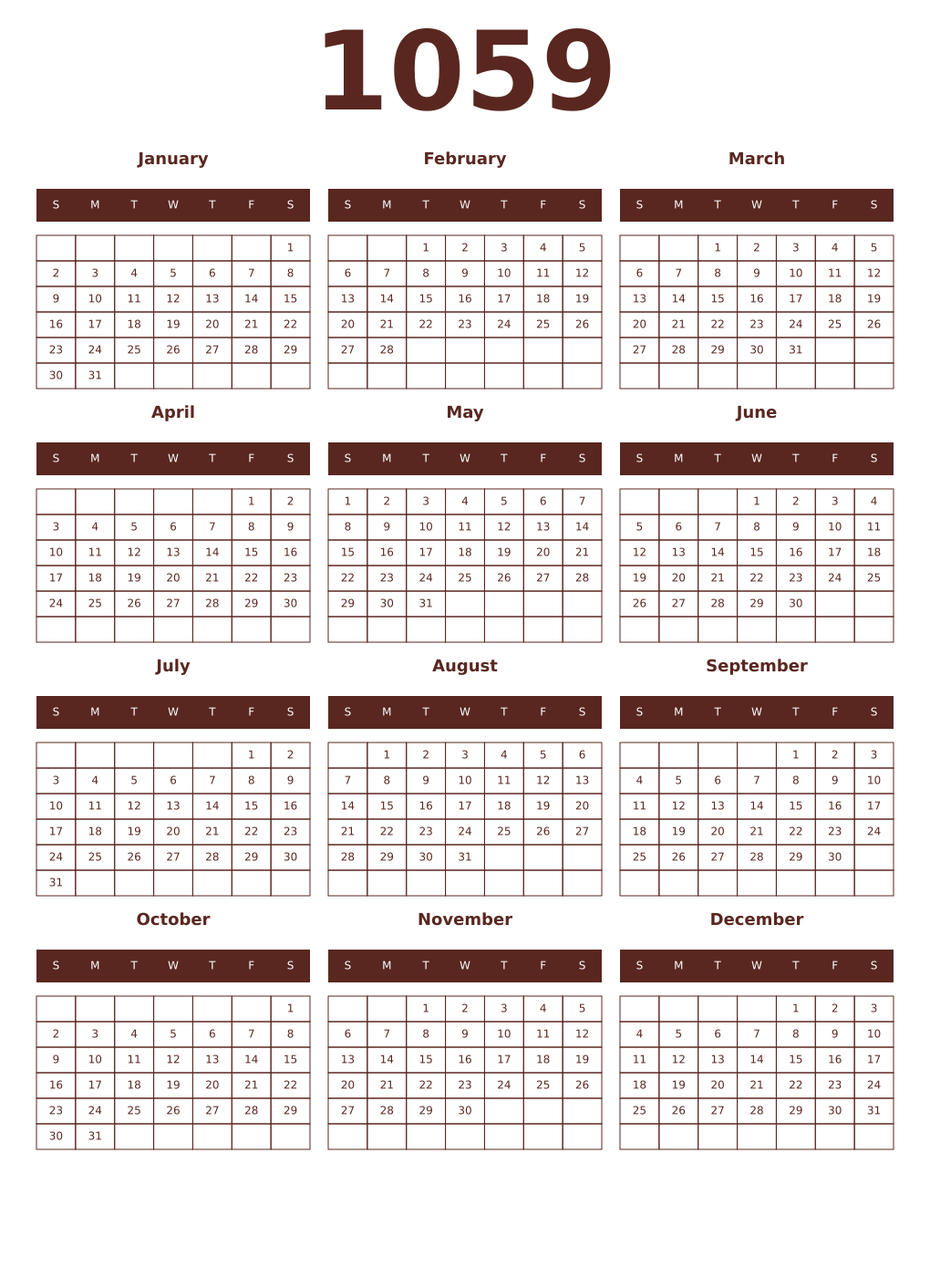 Printable 1059 Year Calendars mortuum