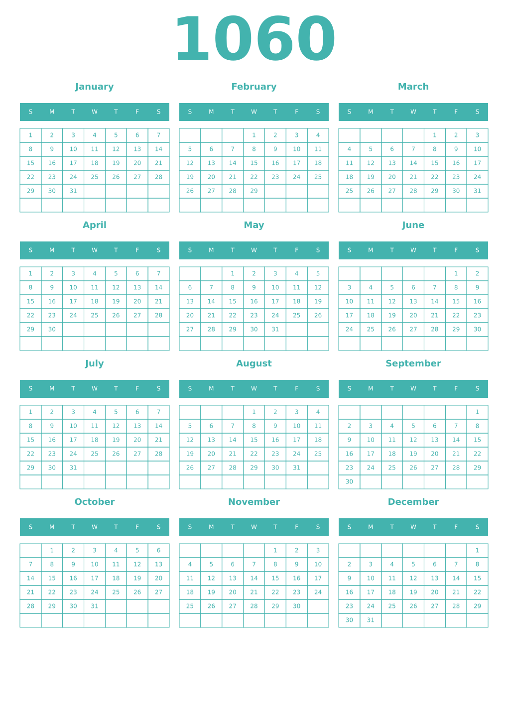 Printable 1060 Year Calendars verdigris