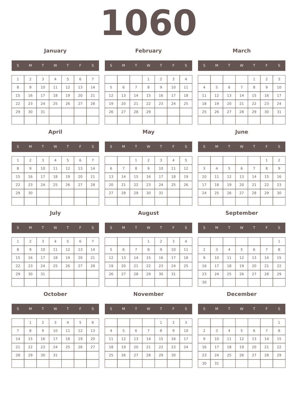 Printable 1060 Year Calendars wenge