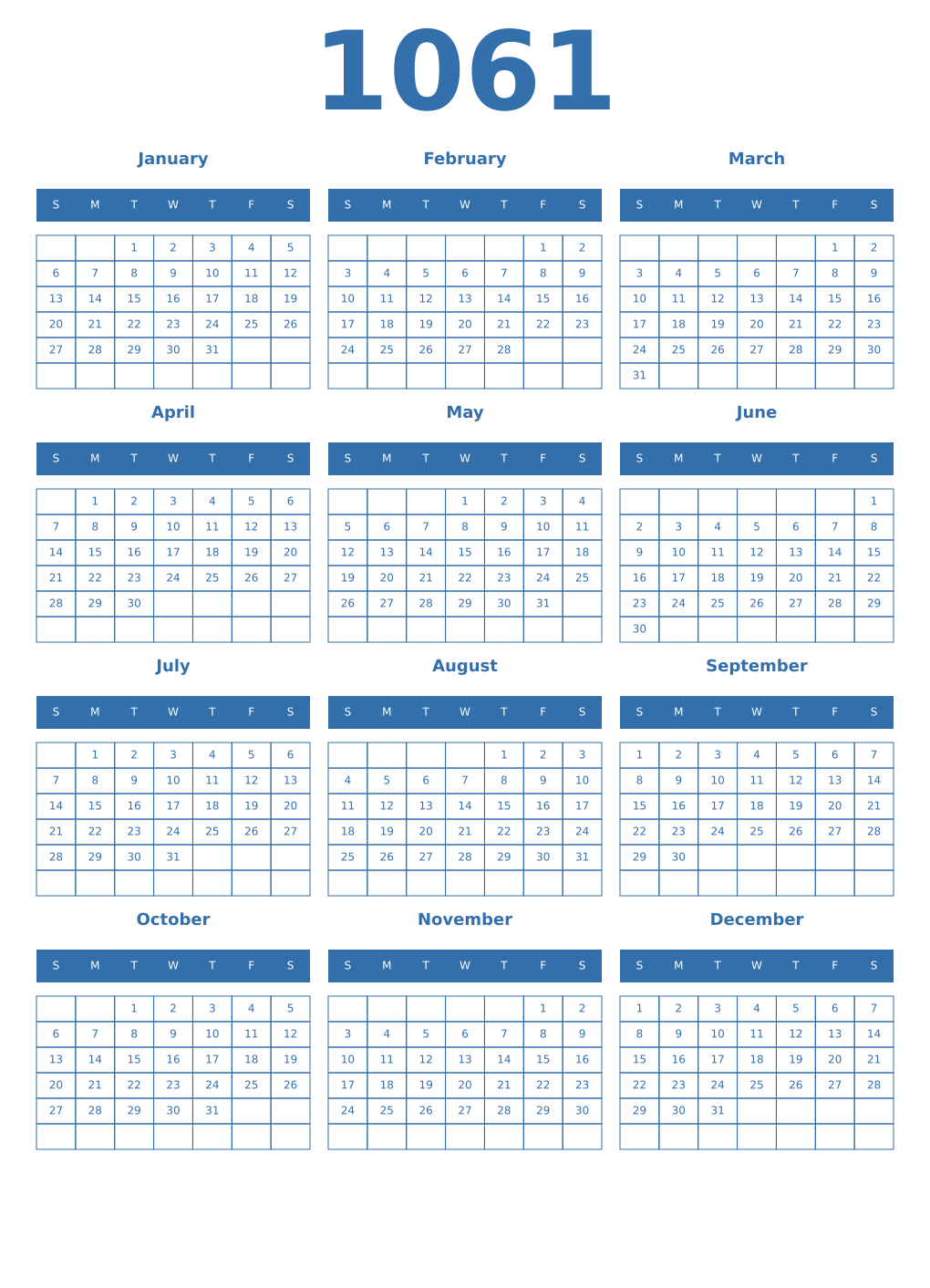 Printable 1061 Year Calendars blue