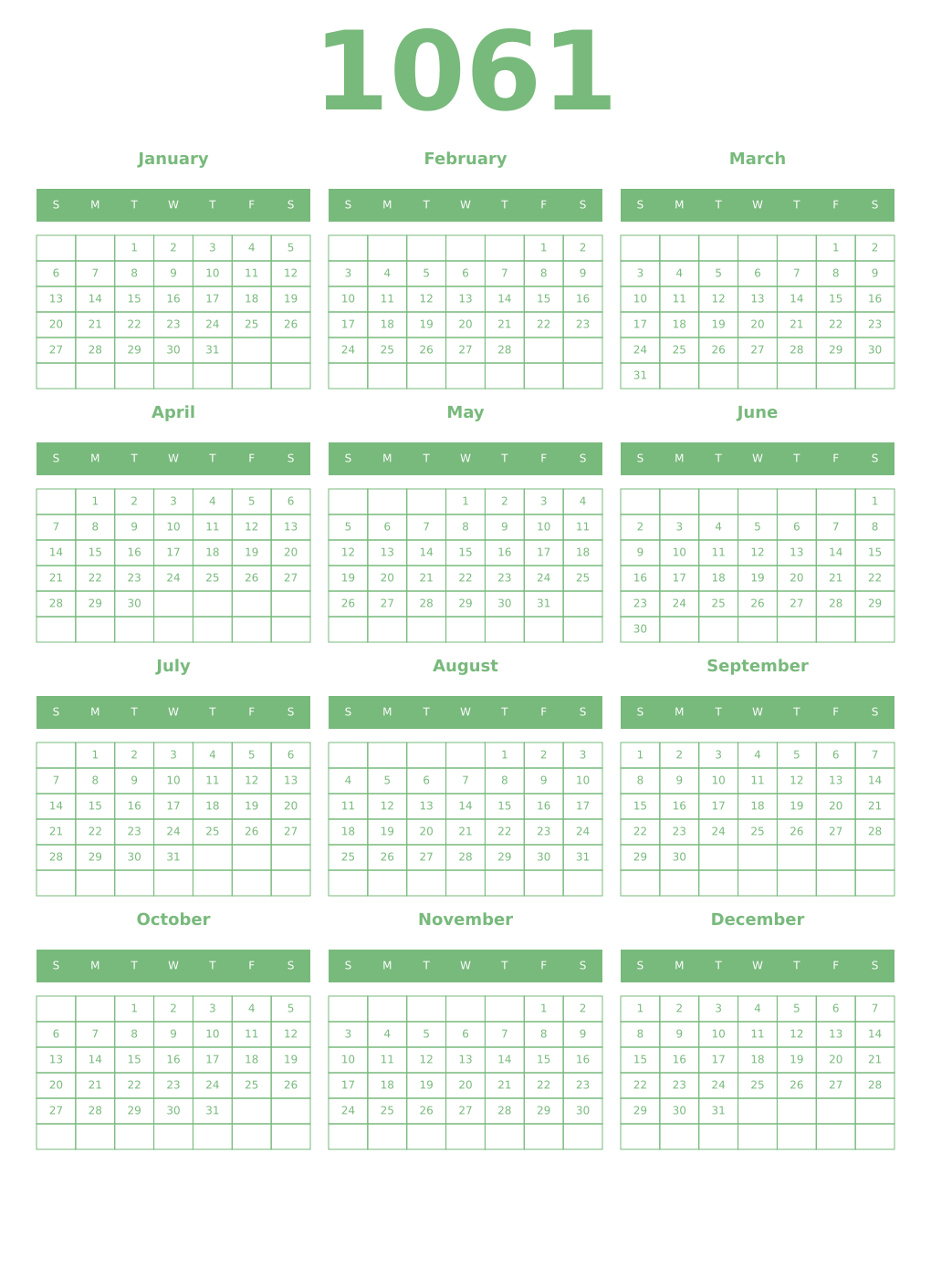Printable 1061 Year Calendars celadon
