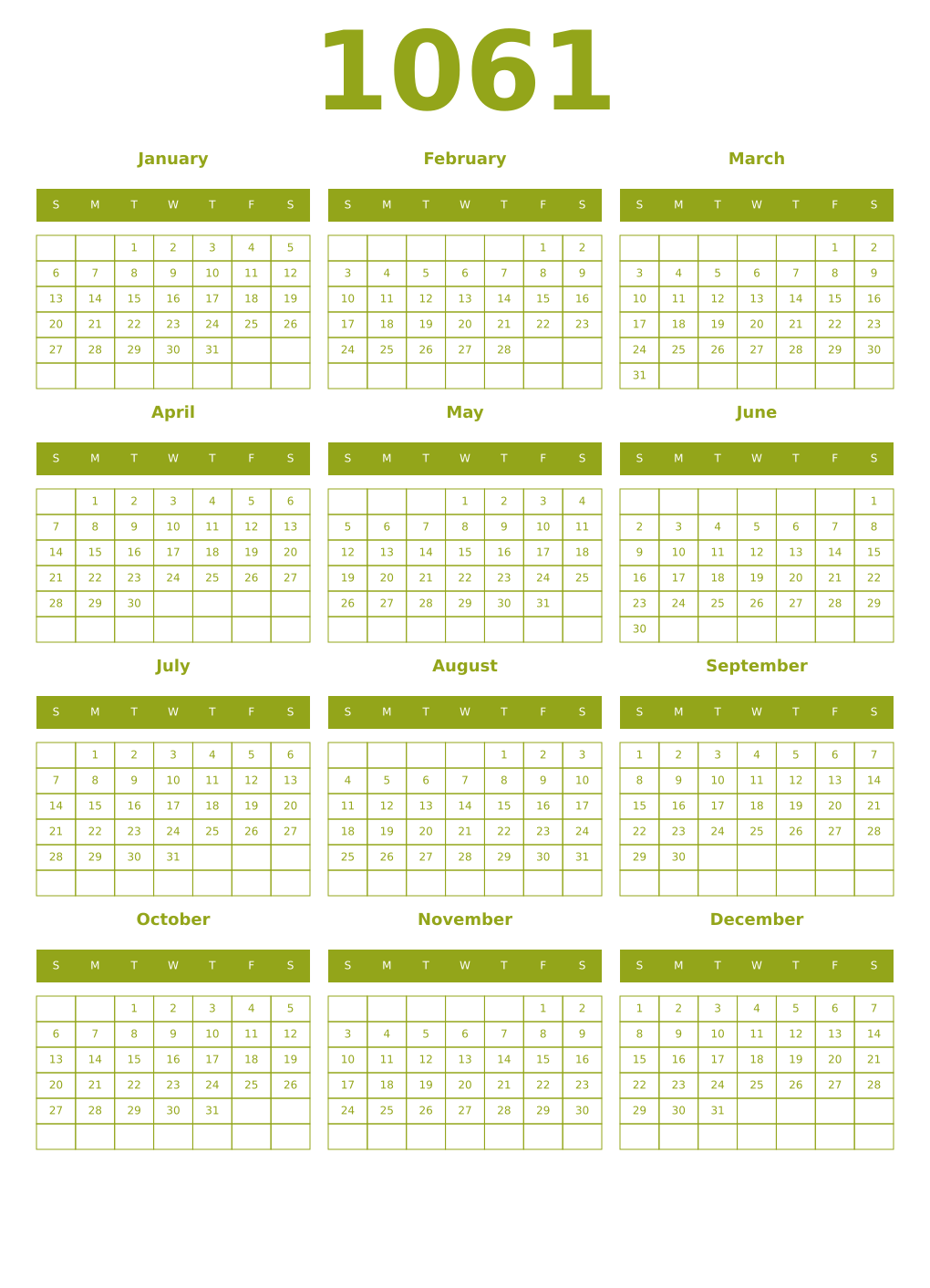 Printable 1061 Year Calendars chartreuse