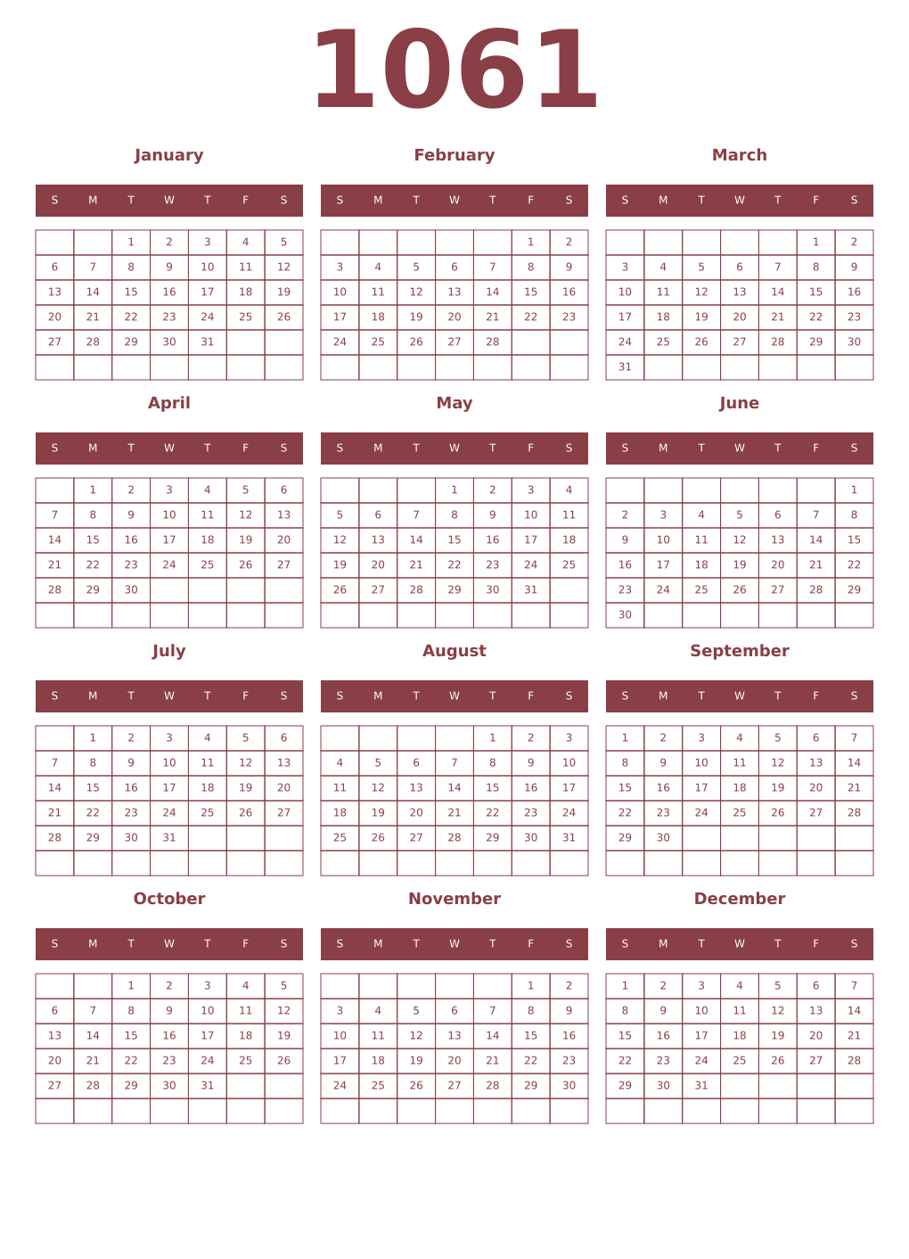 Printable 1061 Year Calendars cordovan