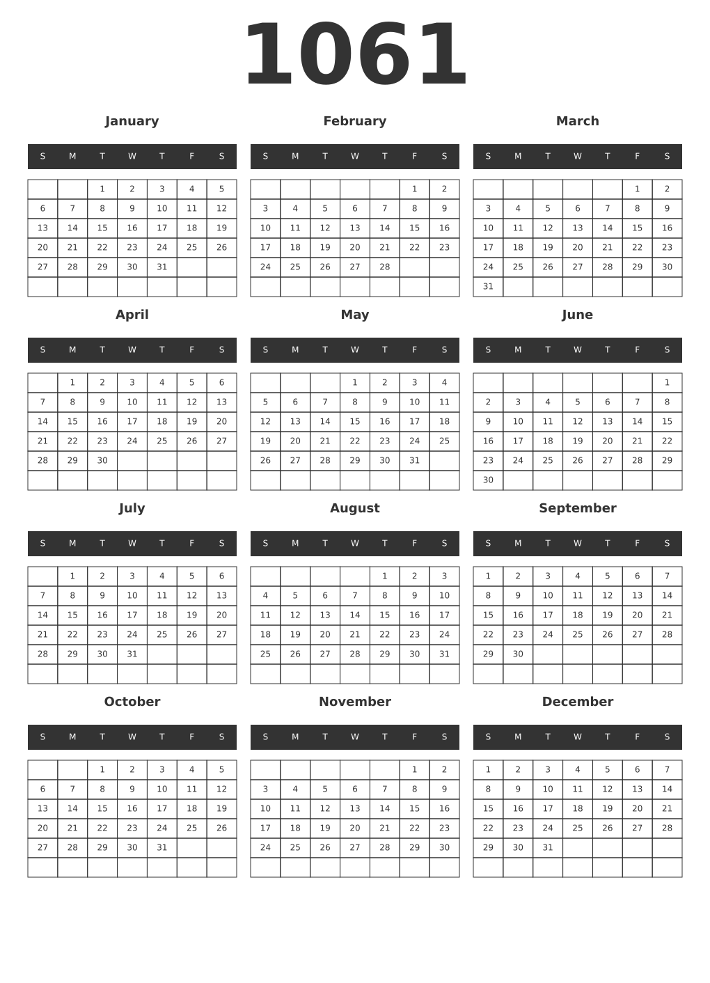 Printable 1061 Year Calendars dark