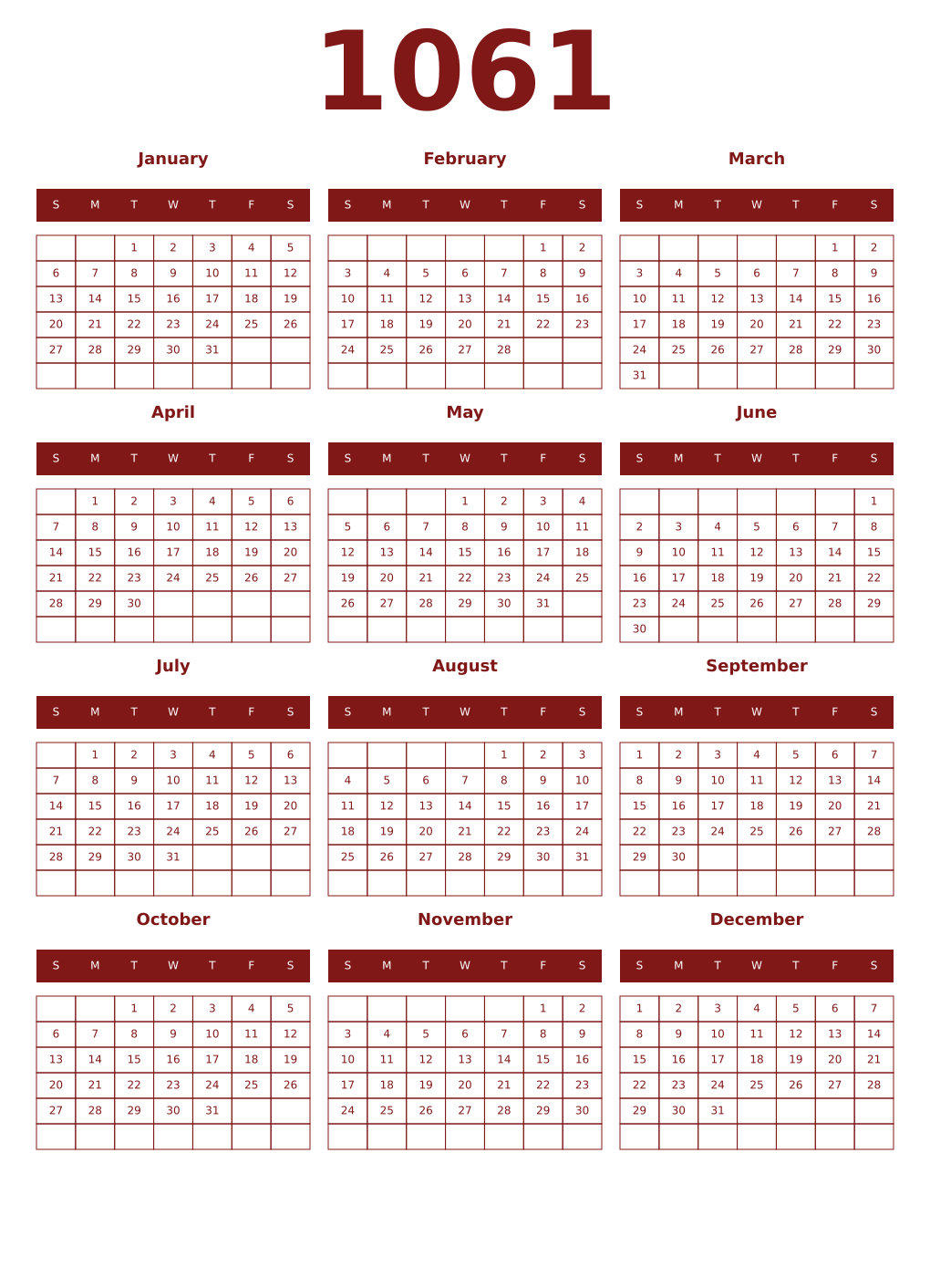 Printable 1061 Year Calendars falu